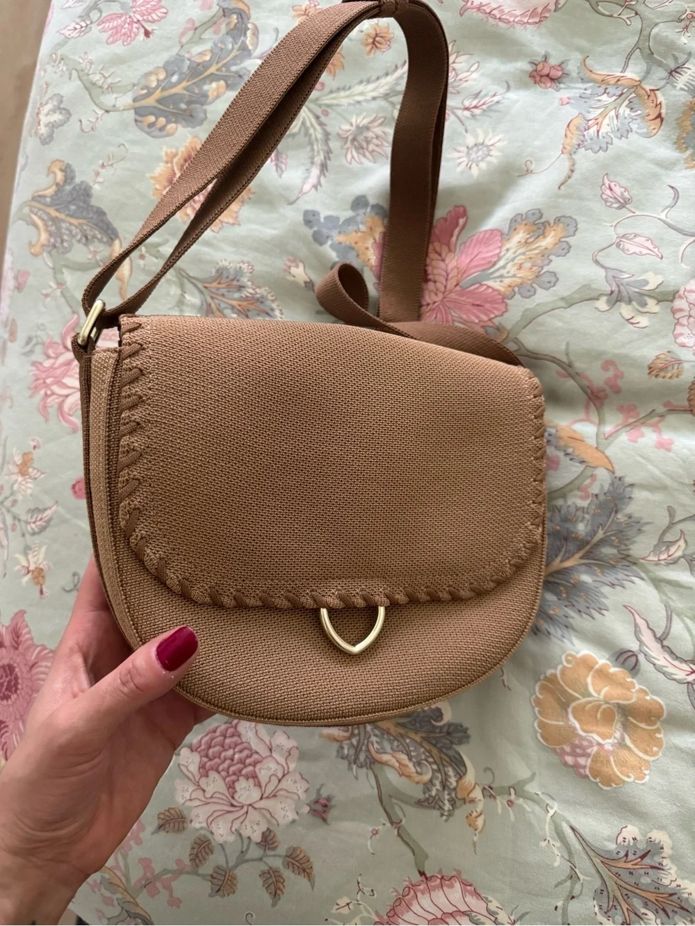 Rothy's Tan Crossbody Saddle Bag with Braided Edge
